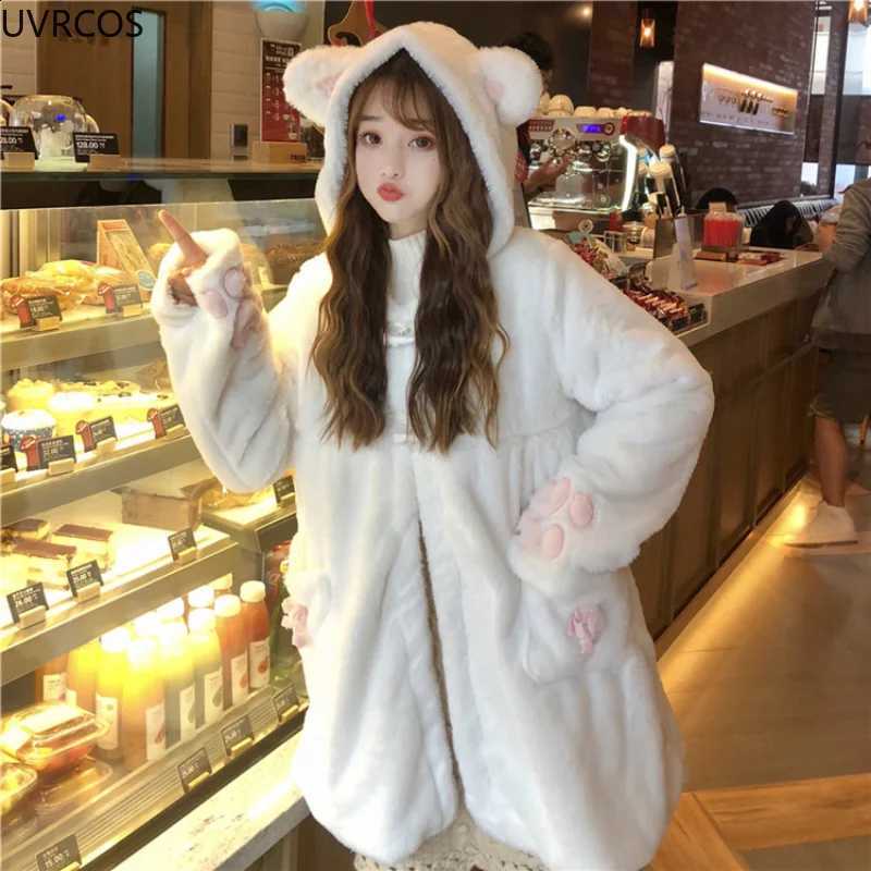 Winter Lolita Warm Jacket Women Sweet Soft Plush Thickened White Coats Girl Cute Cat Ears Anime Hooded Parkas Youthful Outerwear H260917