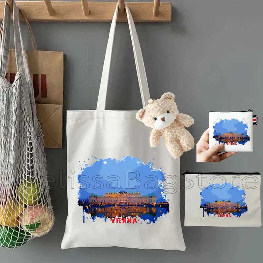 4PCS Gifts Set Vienna Austria White Canvas Tote Bag Handbag with Doll Key Coin Purse Cosmetic Makeup Toilet Bag Case Pouch H260916