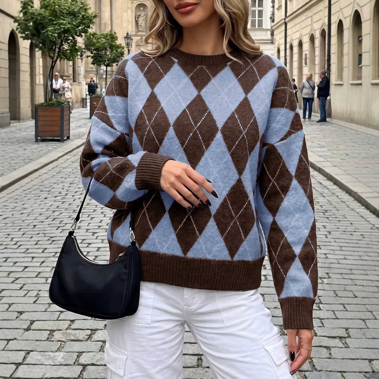 2026 Women's Trend Sweaters Argyle Pullovers Women's Winter Blouses Loose Oversized Tops for Woman Clothing Blue Coffee New XL J260916