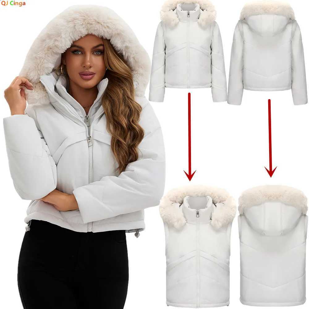 Winter New Women's Faux Two-piece Hooded Thick Coat Brown Jacket with Detachable Sleeves Street Style Black Cropped Parkas. H260917