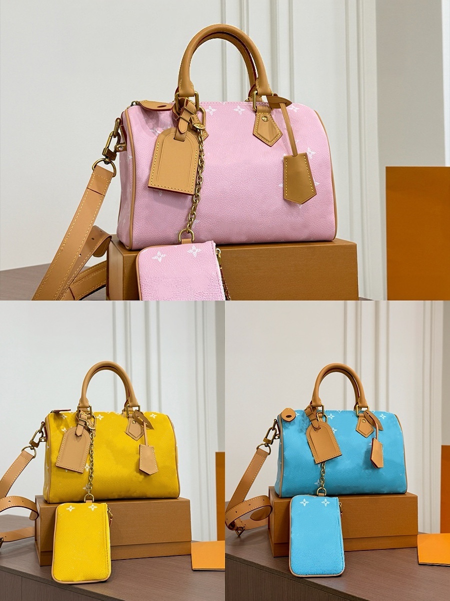 Women's Print Boston Bag 25*12*18cm with Purse Leather Trim Shoulder Strap Casual Travel Pillow Handbag
