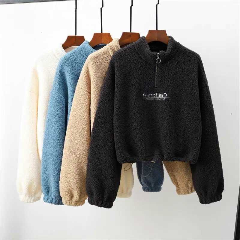 Neck Women Stand Letter Embroidery Fleece Cropped Hoodies Autumn Long Sleeve Drawstring Sweatshirt New Casual Plush Velvet Tops H260917
