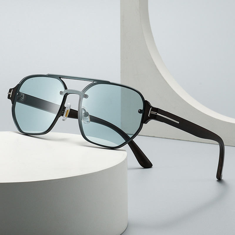 Luxury Brown-Legged Double-Beam Automatic Color-Changing Glasses, Retro Half-Frame Anti-Blue Light Sunglasses