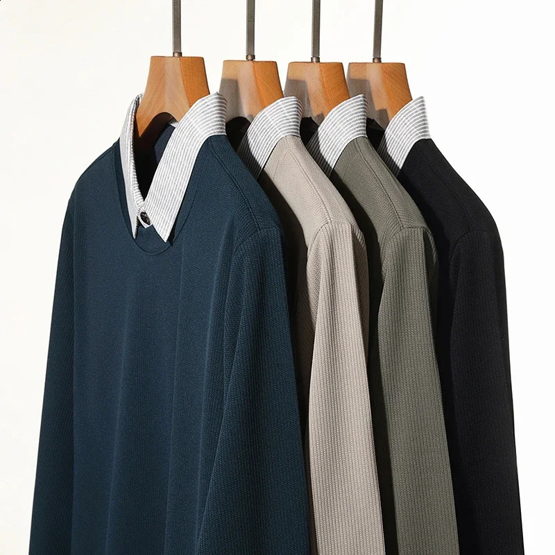 2026 Men's Two Piece Polo Shirt Casual Fashion Long Sleeve Collar T-shirt Versatile Top 260916