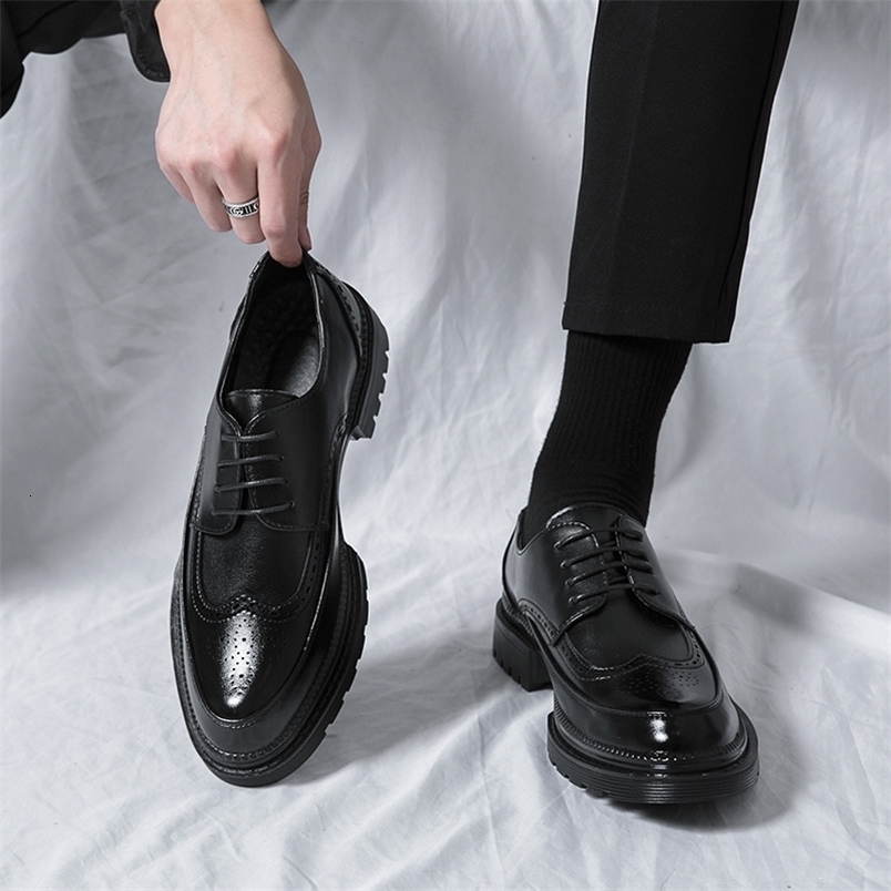 Leather Shoes for Young Men British Brock Formal Business Increase Casual Black Wedding Groom LaceUp Mens Shoes 260917