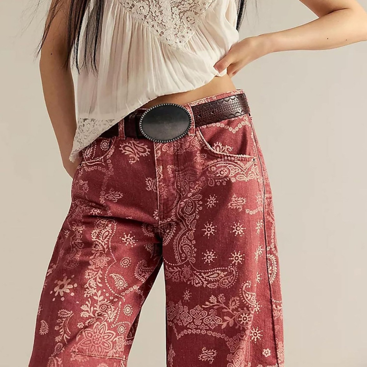 2025 Autumn/Winter Women's Loose-Fit Floral Print Denim Cropped Pants Wide-Leg Mid-Waist Jeans Y2K 46
