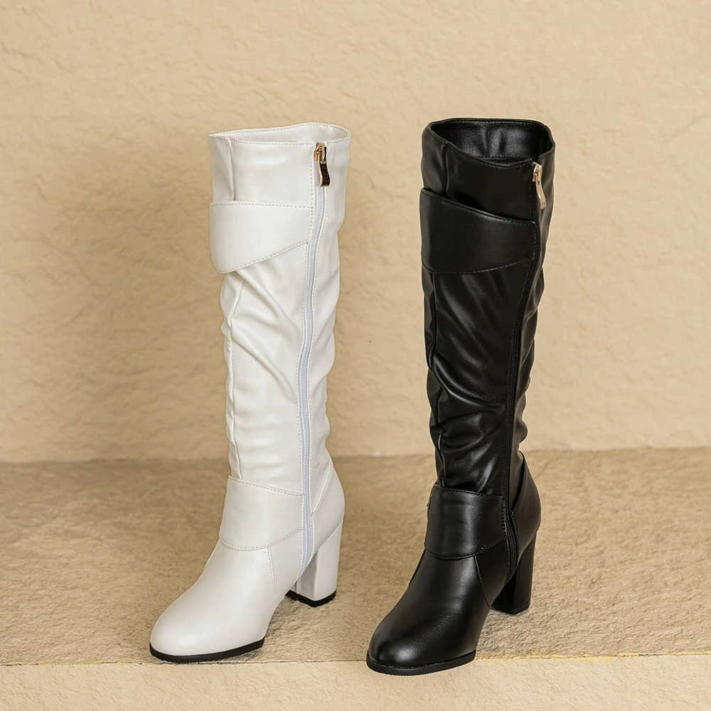 Winter Sweet Black White New Women Knee High Boots Sexy Square High Heels Lady Riding Shoes Plus Small Big Size D260917