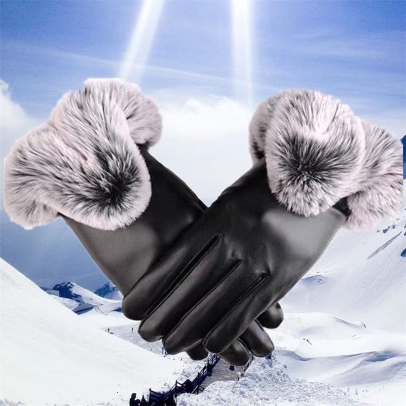 Women's Large V-shaped Touch Screen Warm Plush Leather Gloves Winter Cycling Fashion Black PU Leather Gloves260915ww