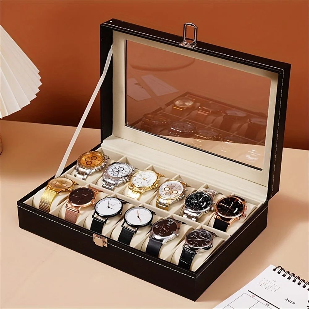 1pc Watch Organizer Classical 312 Grid PU Leather Display Collection Organizer Watch Box Case with Lock Removable Pillows 260916
