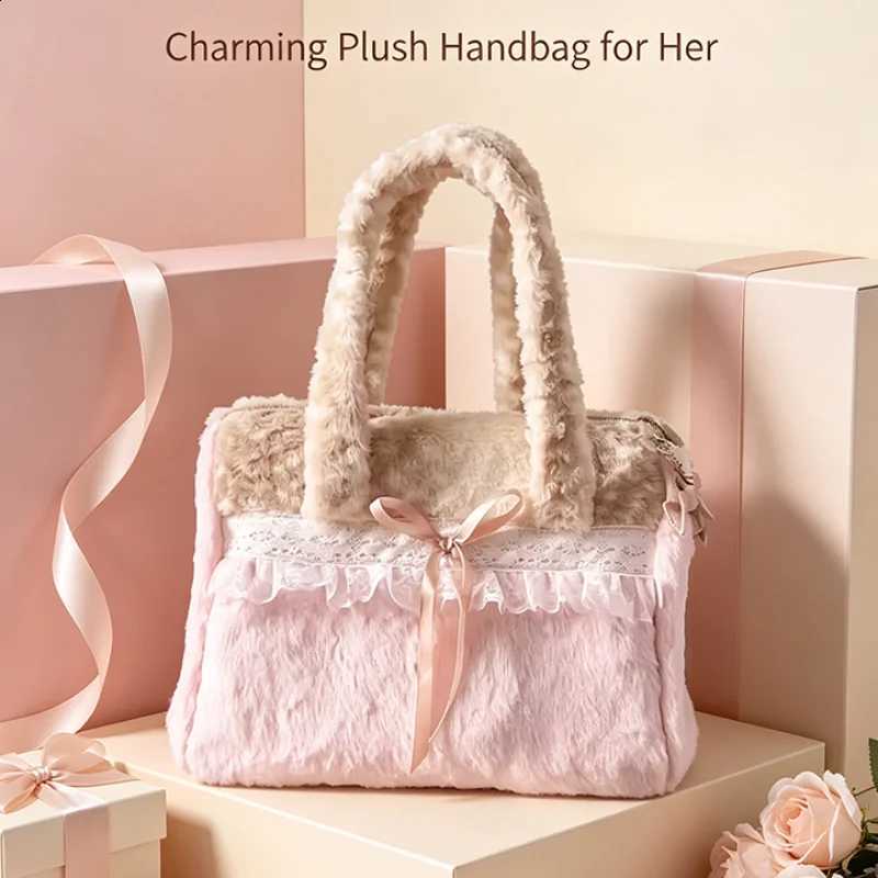 Winter Fluffy Plush Tote Bag for Women Sweet Lace Ruffle Bow Design Large Capacity Soft Casual Handbag Daily Shoulder Bag H260916