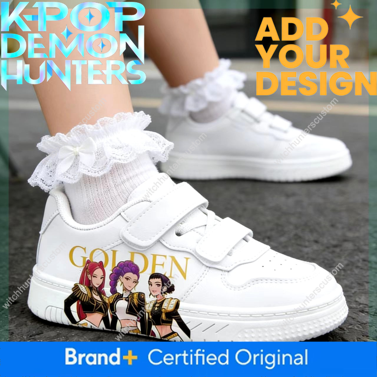 Three Sisters Velcro Sneakers Girls, White with Uv Printing, Kpop Hunter Girl Group New Style, Trendy Children's Shoes for Girls