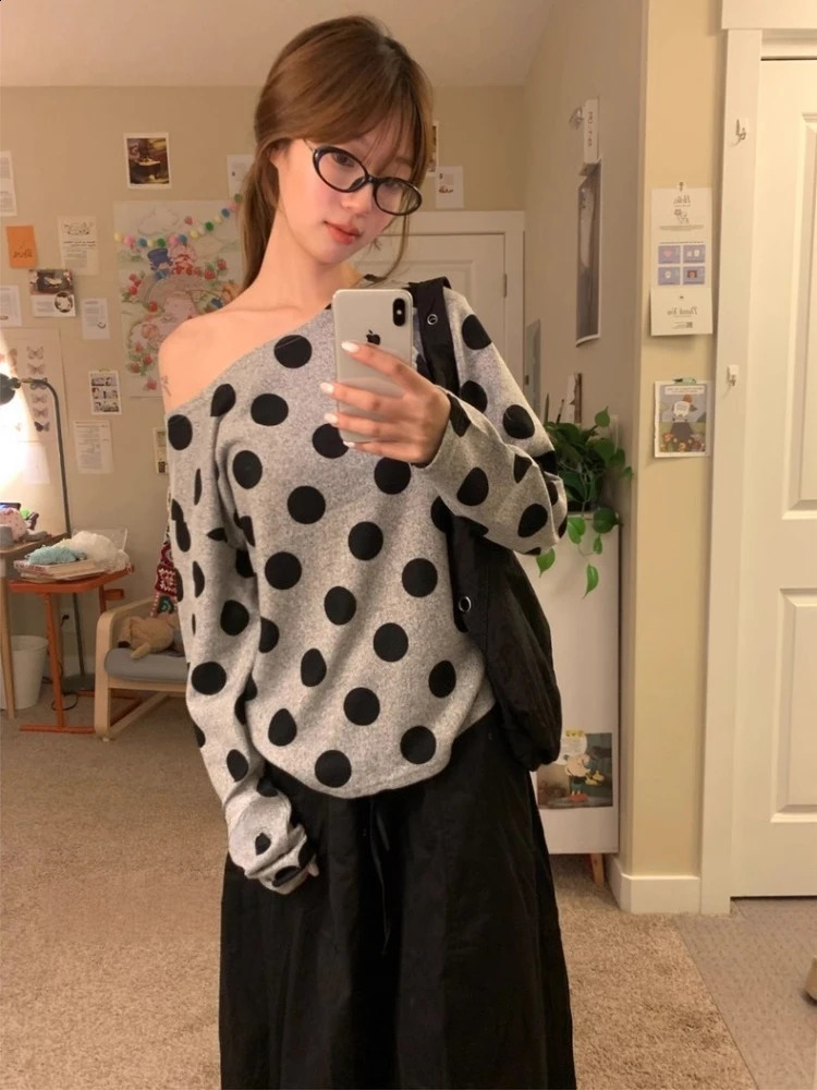 Deeptown Women Polka Dot Gray Tshirts Korean Style Off Shoulder Oversized Long Sleeve Tops Casual Y2k Harajuku Tshirts Cute 260916