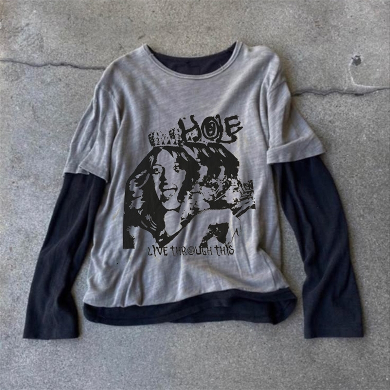 Womens fashion Y2k longsleeved cotton top with Harajuku pattern print hiphop loose twopiece punk Gothic top 260916