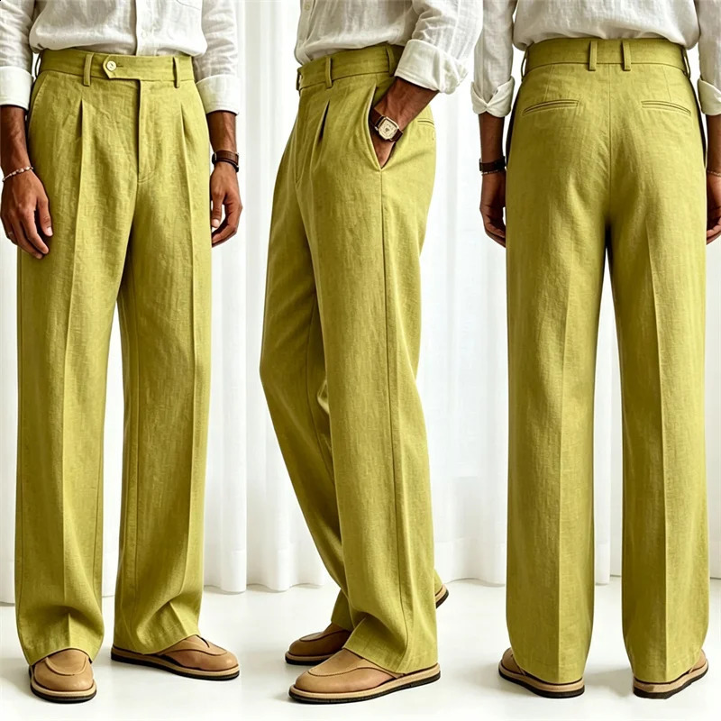 Mens Linen Blend High Waist Pleated Wide Leg Textured Trousers Vintage Breathable Lightweight Casual Fit Daily Vacation Office 260917