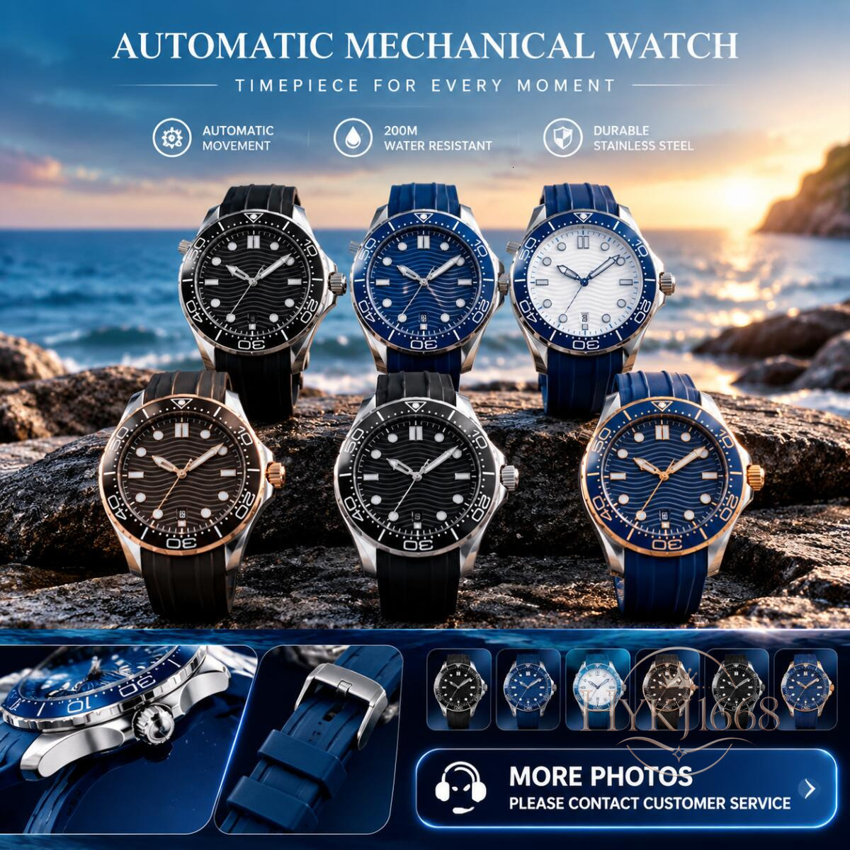 Upgrade luxury O1 automatic mechanical color glass back stainless case steel strap men's watch SEA 300 blue rubber