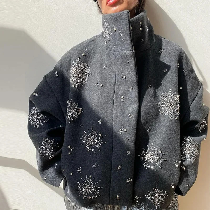Casual Embroidered Street Loose Womens Jacket Flip Collar Bat Sleeve Solid Color Wool Blended Jacket Womens Spring Ja 260917