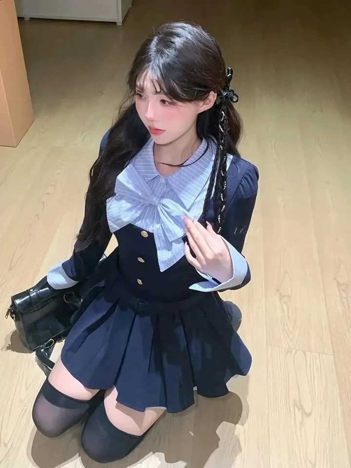Striped Mini Japanese Dress Women Sweet Preppy Bow Flare Sleeve A Line Dresses Autumn Winter Fashion Slim Fit Belt Female Dress C260917