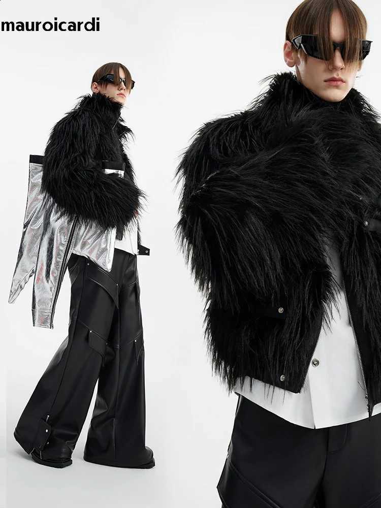 Black Mauroicardi Winter Cool Handsome Thick Warm Soft Patchwork Faux Fur Coat Men Designer Clothing Fluffy Jacket 2023W260915