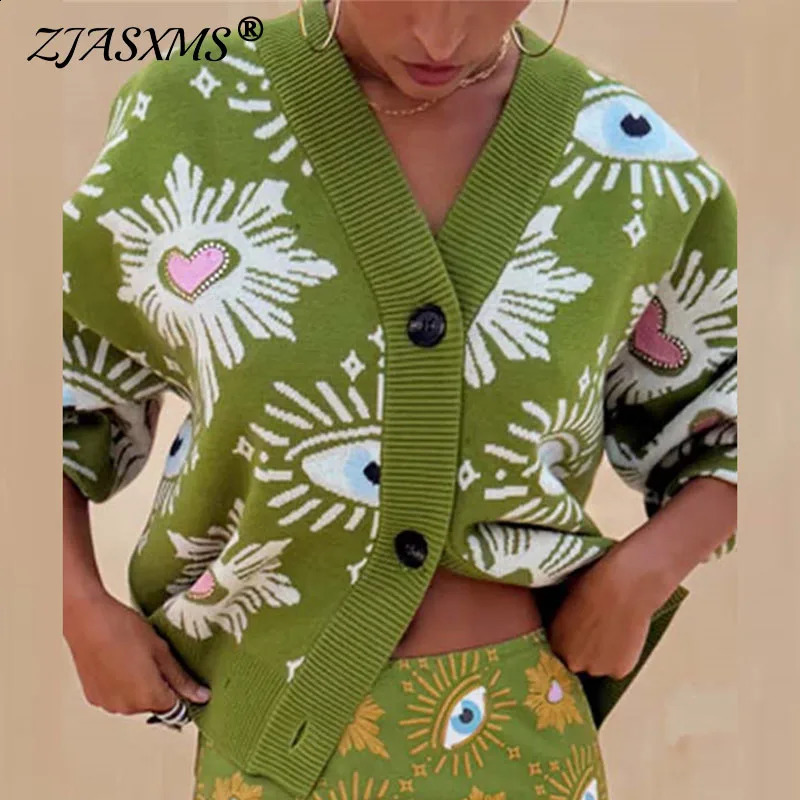 Vintage Geometric Print Sweater Cardigan Woman Elegant Single Breasted V Neck Jacket Autumn Long Sleeve Loose Knitwear Top Mujer 260917