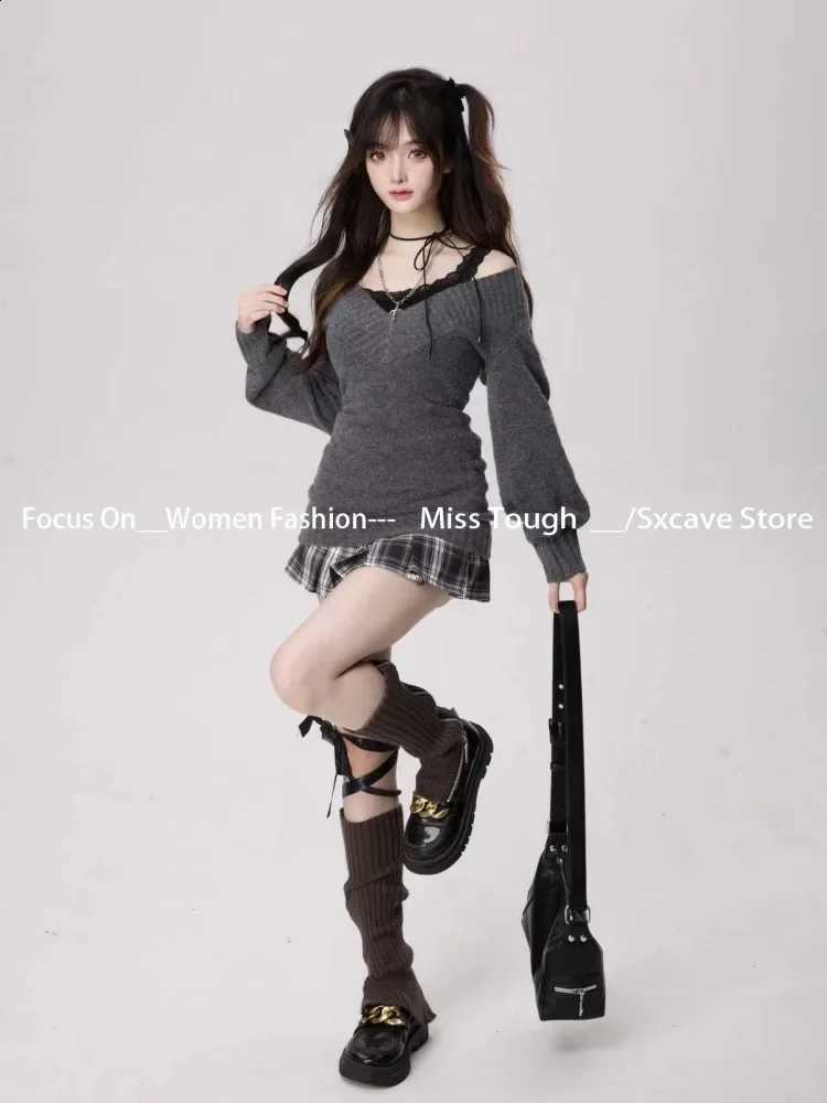 Woman Knitted Suits Autumn Winter V-neck French Vintage Long Sleeve Pullovers Knitwears 2000s Aesthetic Korean Sweater Sets Y2kW260915