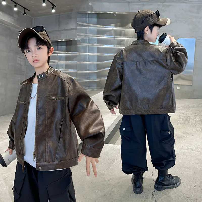 Children's Black Vintage Brown Artificial Leather Jacket for Tweens Boy Fashion Faux PU Coat Kids Casual Spring Autumn ClothingT260916