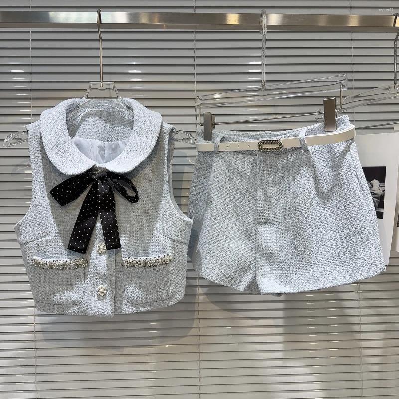 Summer Release: French Chic Tweed Collar Bowknot Vest Waistcoat Shorts Set For Women