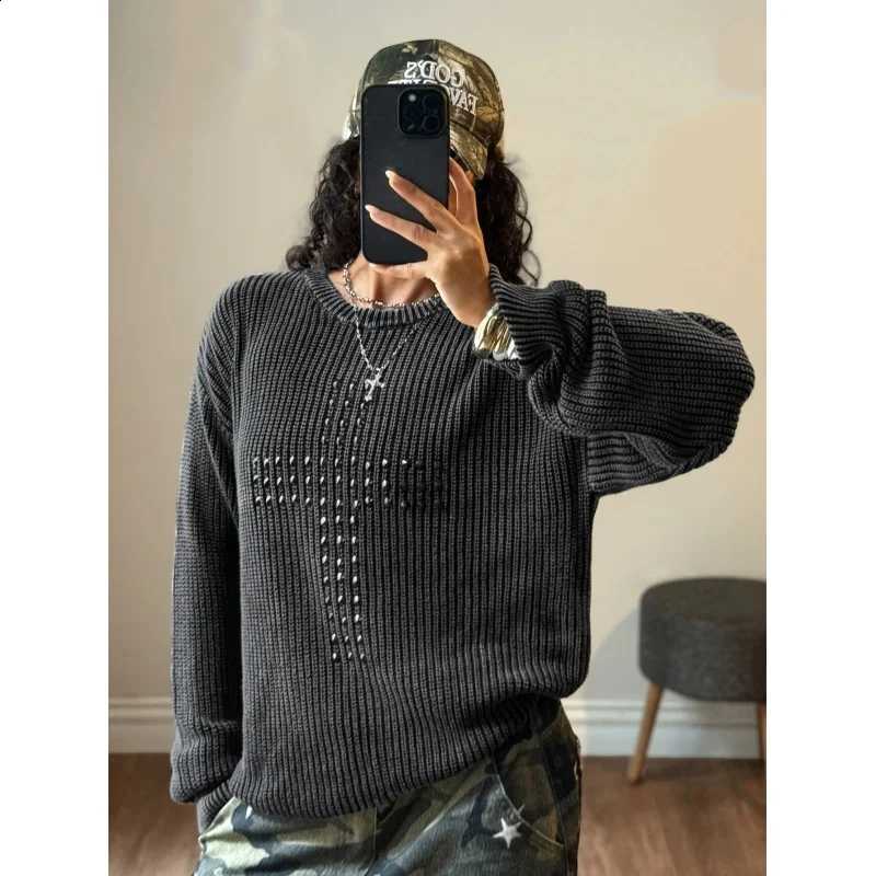 with Women's knitted sweater rhinestone cross loose long sleeved pullover retro Y2K casual top for autumn and winter J260916