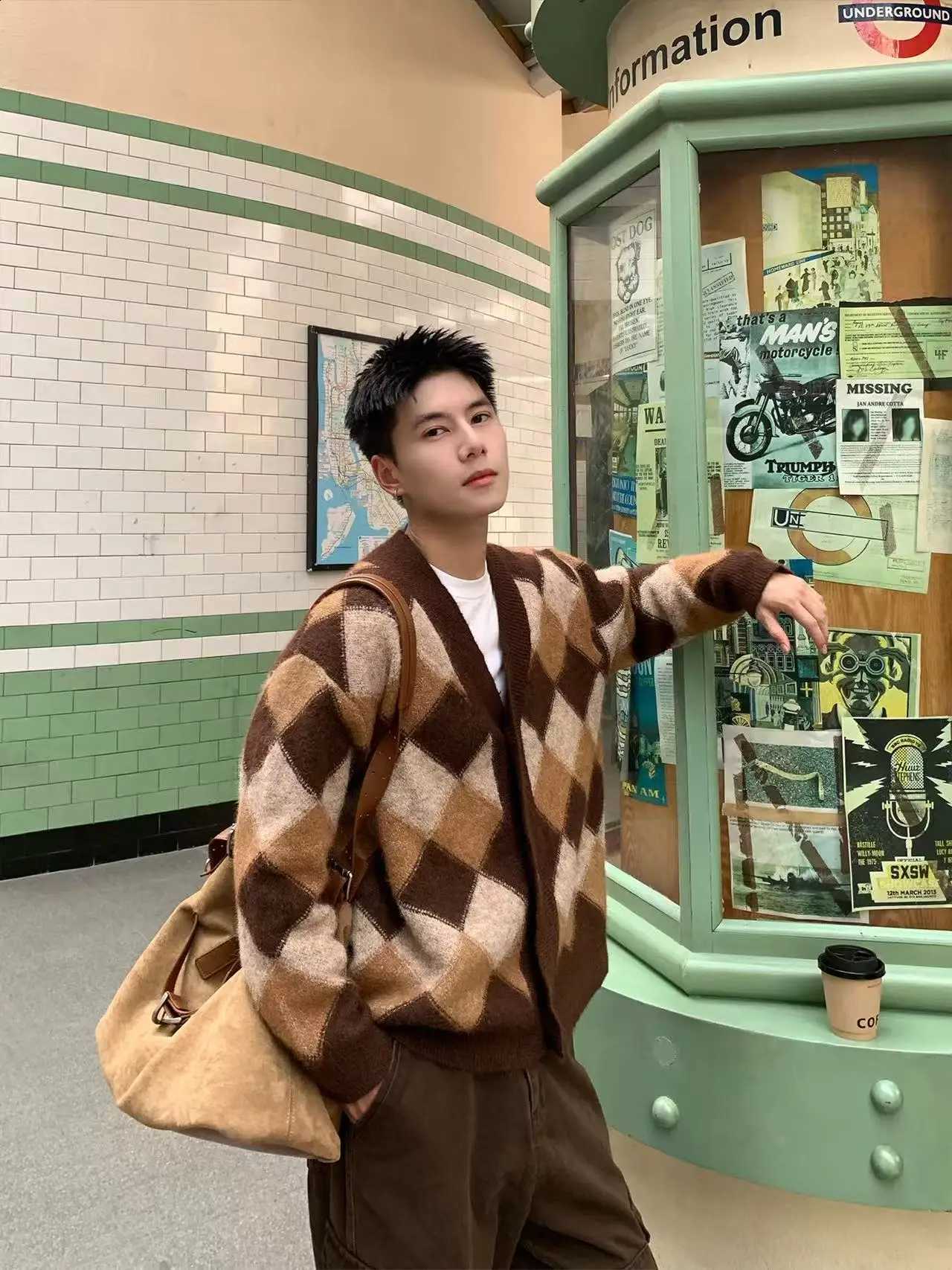 and winter cashmere rhombic Autumn long sleeve cardigan sweater men's casual loose sweater J260916