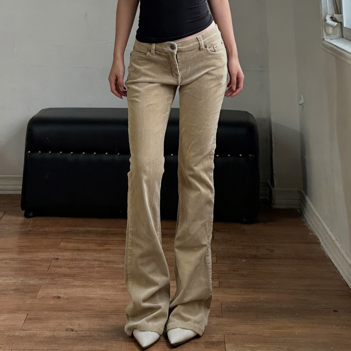 American retro street style casual solid-color flared pants for women, corduroy, low-waist, slim fit, flattering, versatile b8