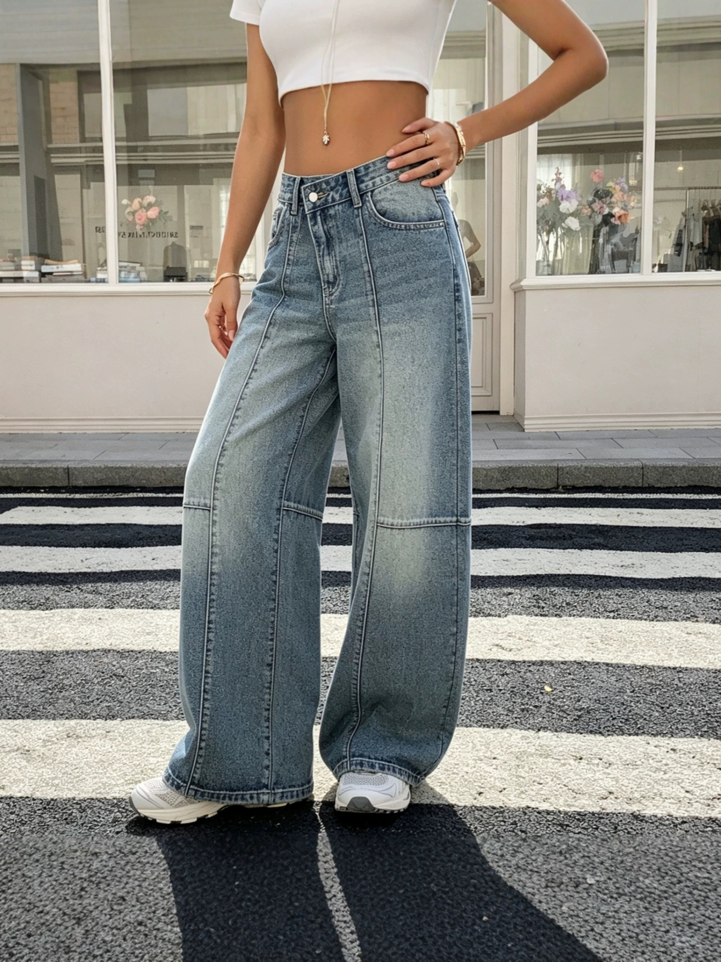 Cross-border European and American style, exclusively for international markets: new women's fashion, versatile, washed, loose-fit, wide-leg je