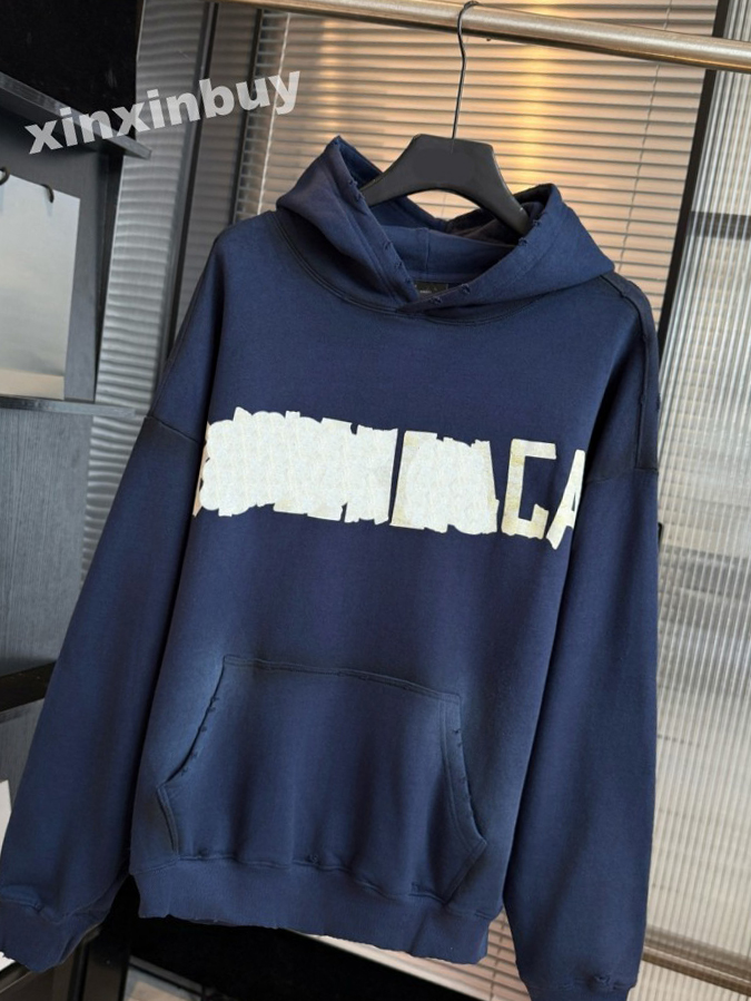 Men Ripped Vintage Distressed Tape Print pattern Sweatshirt Hoodie Designer Women Paris cotton Long Sleeve Man Paris Street blue white XS-L