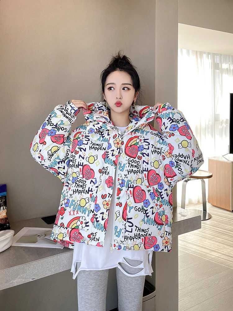2025 Winter New Harajuku Printed Short Down Cotton Jacket Women Fashion Loose Breadms Warm Coat Women ropa de invierno mujer H260917