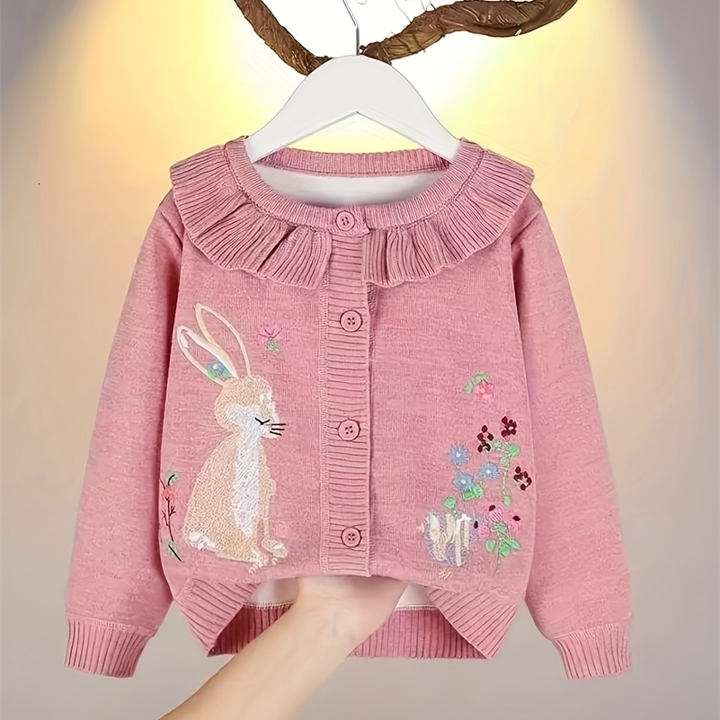 Children's Cardigan Girl Rabbit Embroidered Leaf Round Neck Girls Sweater Knitted Top260821ww