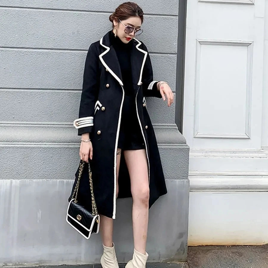 Women White Long Woolen Coat Autumn Winter British Hepburn Style Thicken Slim DoubleBreasted Outwear 260917
