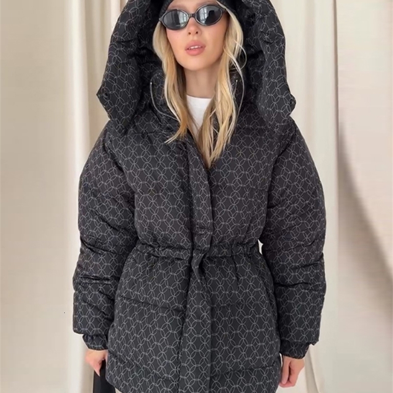 Printed Padded Coats For Women Hooded Jackets Trendy Casual Outerwear Winter Warmed Tops Waist-Cinching Woman Fashion Clothes260915ww