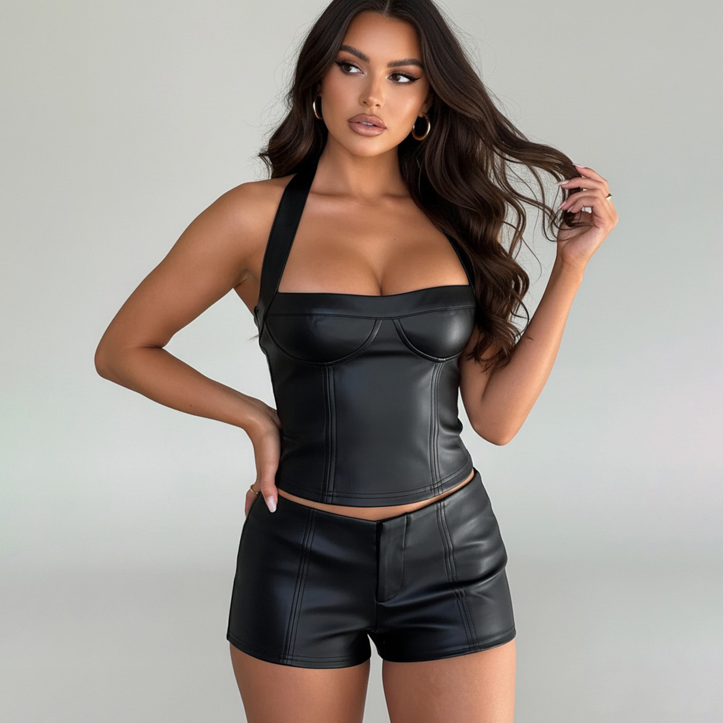 European and American Sexy Hot Girl Street Style Leather Vest Solid Color Trendy Low-Cut Inner Wear Halter Neck Tank Top 16