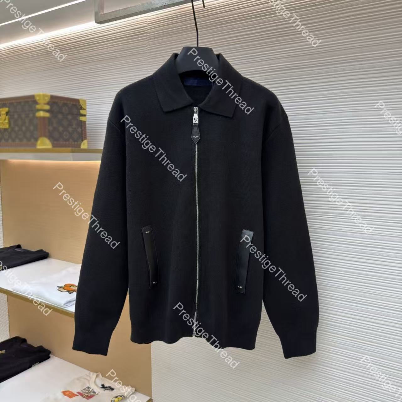 Designer Leather and Metal Trim Collared Knit Jacket Men's Jacket Wool Blend for Warmth