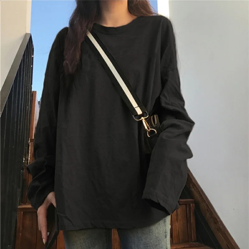 1pcs Women Long Sleeve T Shirt Girl Crew Neck Loose Fit Black White Casual Streetwear Fashion Student Spring Autumn Top 260917