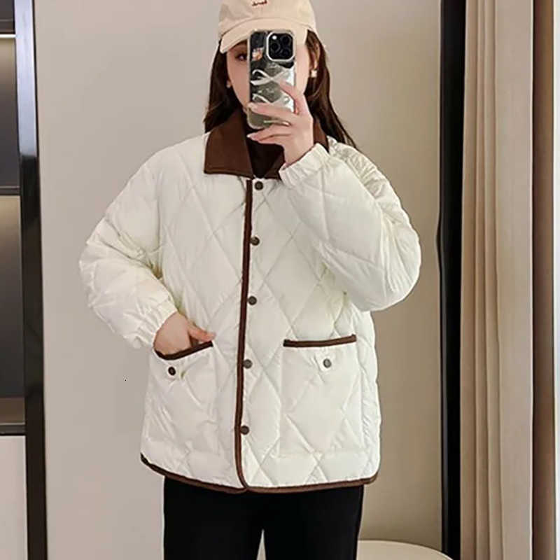 Faux Women Autumn Leather Winter Down Cotton Jacket 2025 New Color Blocking Versatile Short Grid Quilted Jacket Female Outerwear H260917