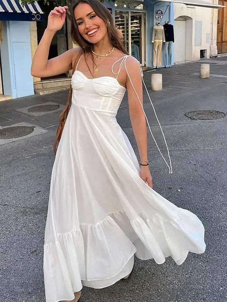 Celebrity Street Shot Same Style Waist Midi Dress Elegant Backless White Sling Maxi Dress For Women Fashion Summer week runway replica casual gown S
