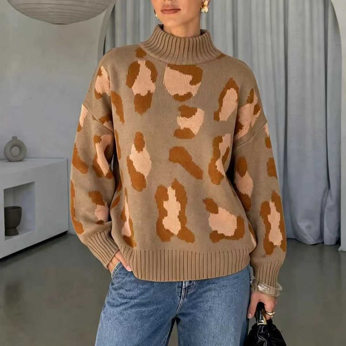 Maillard Color Palette Leopard Print Half-Neck Sweater Autumn-Winter Retro Lazy Style Knit Pullover Cozy Fashionable Top S260917CCKP