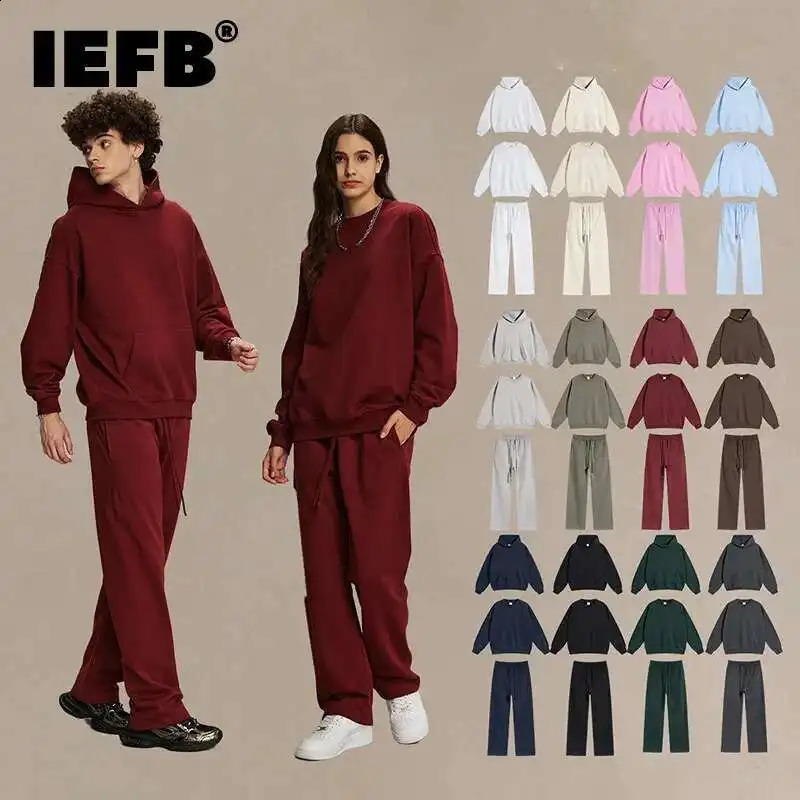 IEFB Autumn Winter Casual Oversize Loose Set High Street Ins Round Neck Hooded Pants Set 2026 Solid Color Streetwear 260917