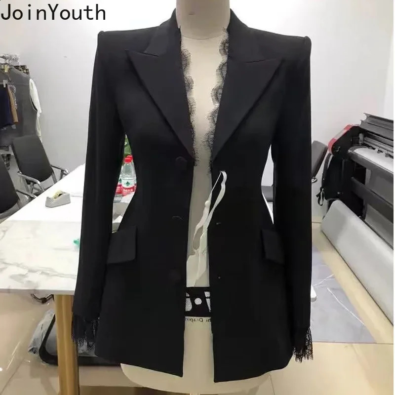 Temperament Tops Office Lady Jackets for Women Patchwork Lace Slim Fit Black Outwear Fashion Korean Coats Ropa Mujer 7p377 260915