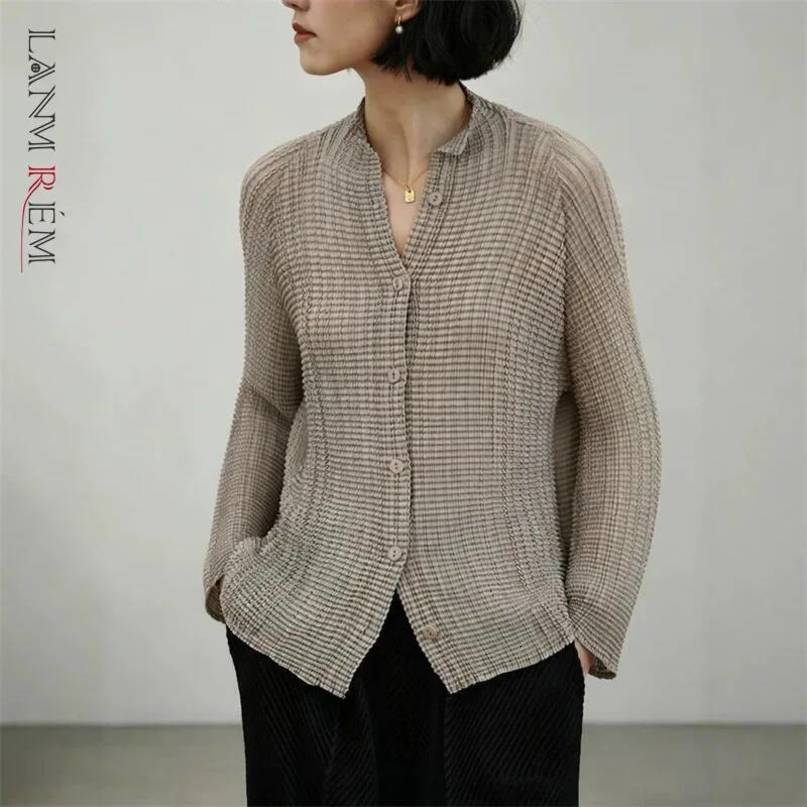 LANMREM Stand Collar SingleBreasted Loose Elegant Cardigan Jackets Womens Textured Pleated Sun Protection Clothing 2DB7798 260916
