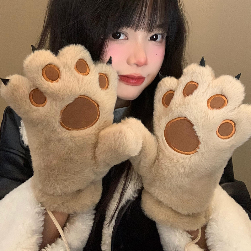 Little Paw Plush Gloves for Women, Winter Furry, Fleece-Lined, Thickened, Warm, Cute Bear Claw Design, Neck Strap, Cycling, Cold Weather Protection