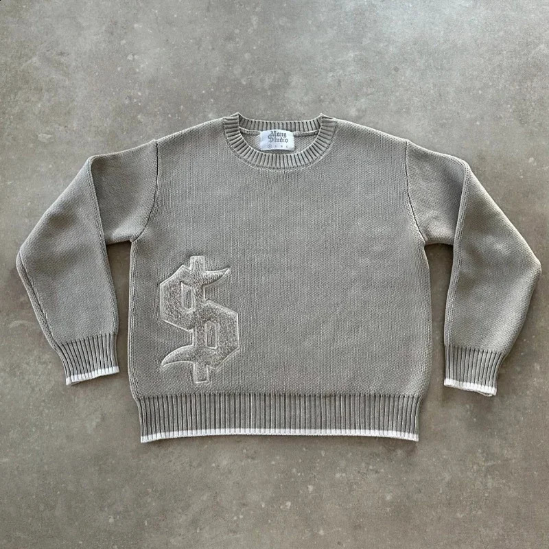 Y2K Grey Long Sleeve Sweater Dollar Gothic Embroidery Pullover Goth Retro Casual Streetwear Old Money Men Boxy Knitted Clothing 260916