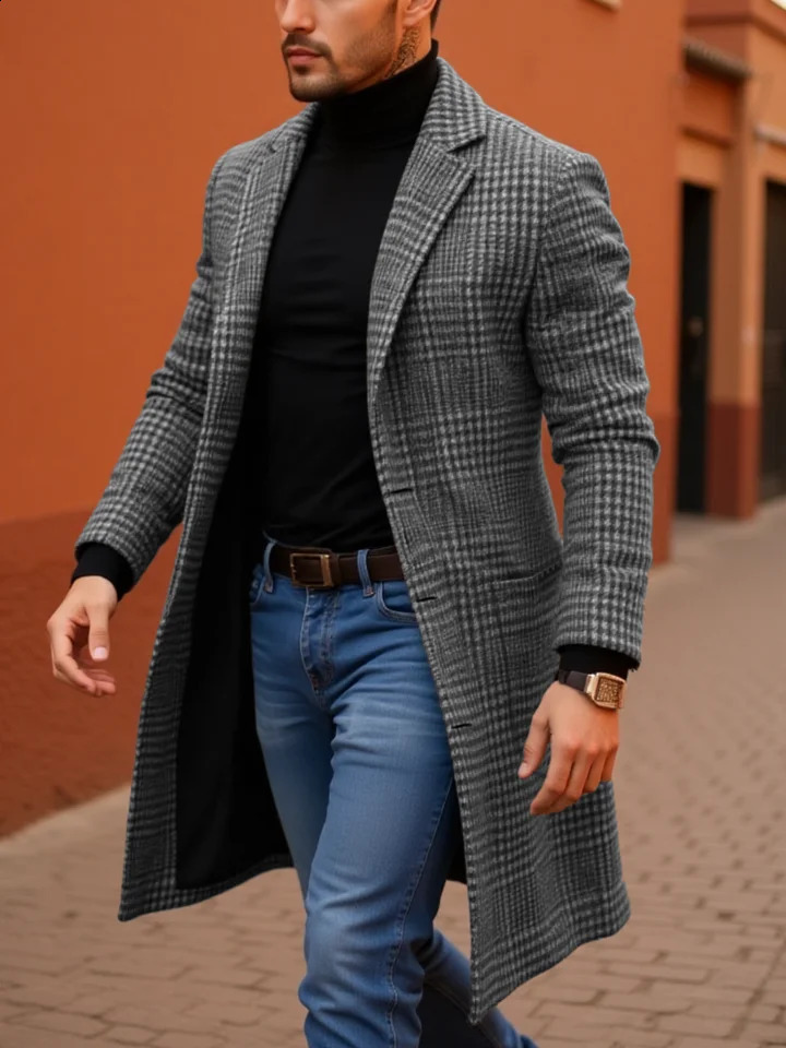 men's checkered coat checked warm jacket Garry fashionable street long jacket European and American style coat 260916