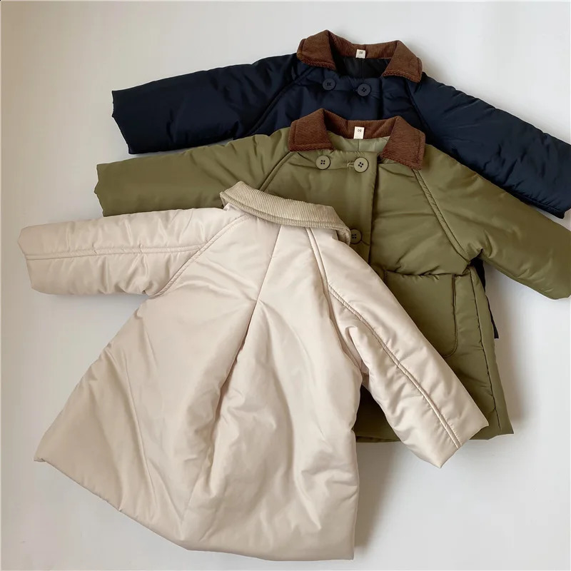 Boys Children Solid Long Cotton-padded Jacket Turn-down Collar Corduroy Thick Cardigan Girls Warm Comfortable Outwear Coat260916