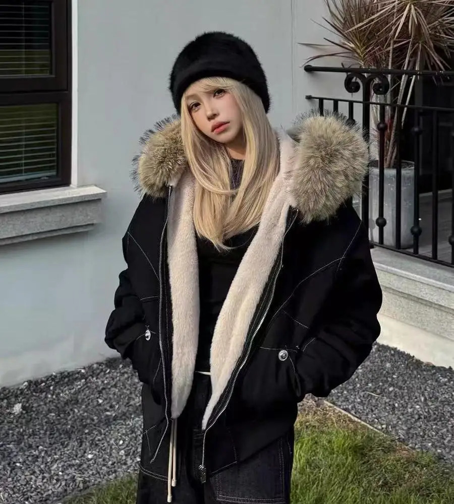 Winter Jackets Fur Collar Parkas Women Vintage Thicken Fleece Warm Jackets Streetwear Harajuku Hip Hop Padded Y2K Chic Outwear260917