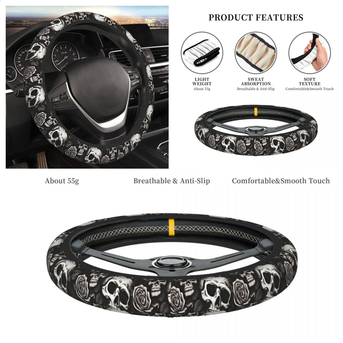 1PC Car Steering Wheel Cover No Inner Circle Skull Universal Steering Wheel Protector AntiSlip Automotive Universal 260916